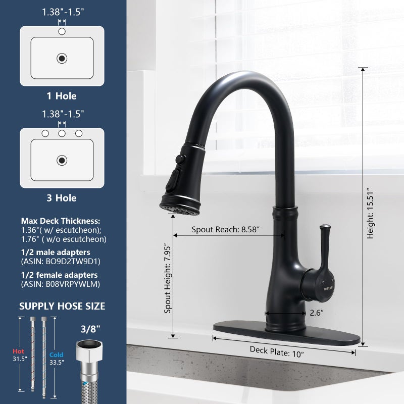 WEWE Vintage Kitchen Faucet with Pull Down Sprayer, Stainless Steel 1 or 3 Hole High Arc Single Handle Antique Sink Faucet for Classic Modern Ktichen, Matte Black Bar & Prep Sinks - Image 3